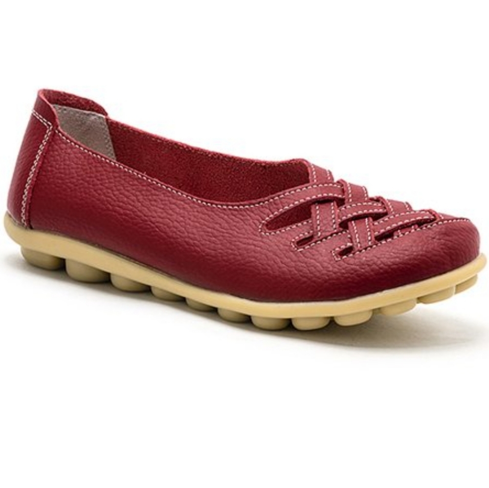 Claret Red Crisscross Leather Rubber Sole Loafers